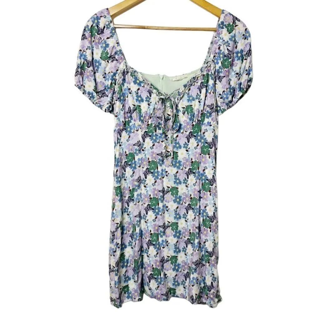 L.A. Hearts Puffy Sleeve Butterfly Floral Mini Dress Purple & Blue Size Small